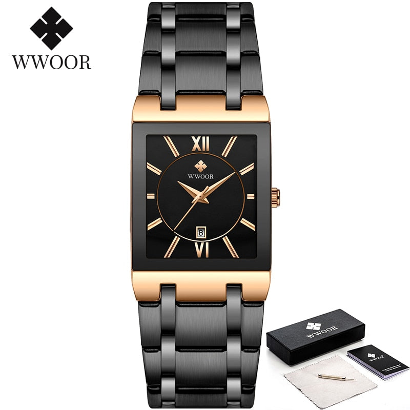 Relogio Masculino WWOOR Gold Watch Men Square Mens Watches Top Brand Luxury Golden Quartz Stainless Steel Waterproof Wrist Watch - Executive-Skincare