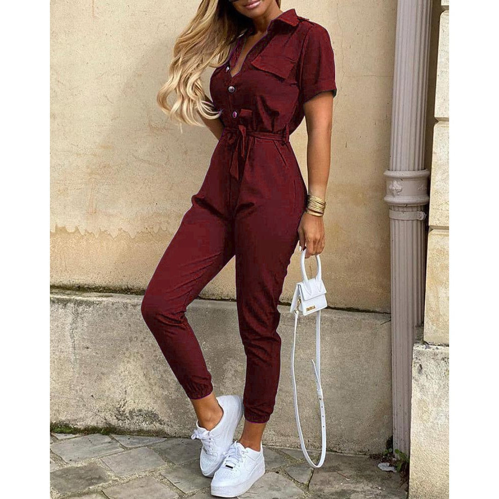 Fashion Women Jumpsuit Solid Color Summer Casual Lapel Printed Belt Work Overalls Ladies New Hot Selling Button Long Jumpsuit - Executive Quality Store