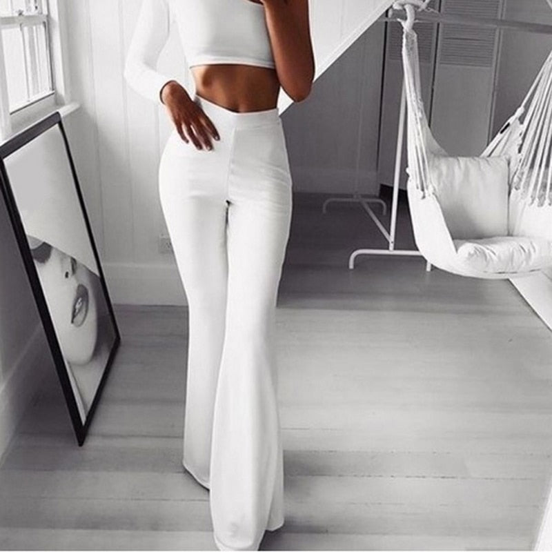 Summer Autumn Solid Elegant Female Lady Women&#39;s Palazzo Flared Wide Killer Legs Pants High Waist OL Ladies Career Long Trousers - Executive Quality Store