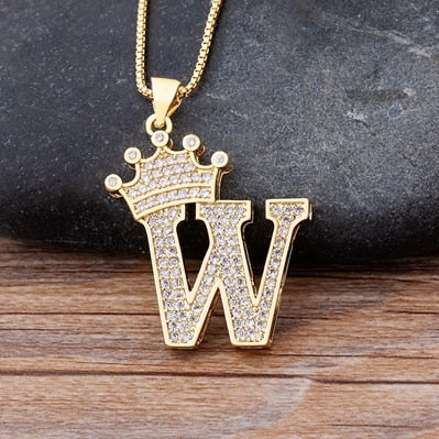 Nidin New Luxury Copper Zircon A-Z Crown Alphabet Pendant Chain Necklace Hip-Hop Style Fashion Woman Man Initial Name Jewelry - Executive-Skincare