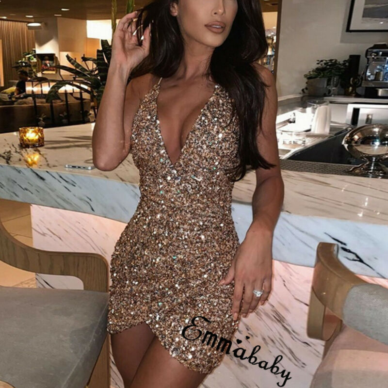 Women&#39;s Spaghetti Strap Deep V Neck Sequins Glitter Short Dress Sparkly Bodycon Evening Party Club Wear Dress - Executive-Skincare