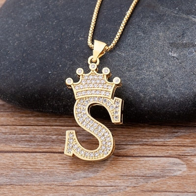 Nidin New Luxury Copper Zircon A-Z Crown Alphabet Pendant Chain Necklace Hip-Hop Style Fashion Woman Man Initial Name Jewelry - Executive-Skincare