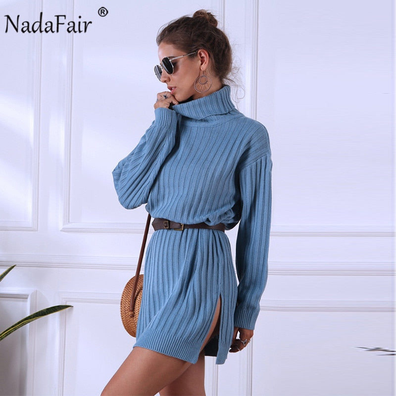 Nadafair White Sweater Dresses 2020 Christmas Solid Long Sleeve Mini Casual Loose Turtleneck Knitted Winter Dress Women Vestidos - Executive-Skincare