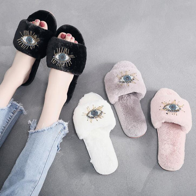 Big Eyes Decoration Fur Slippers Women Flats Winter Home Cotton Slippers Femme Rhinestone Eye Plush Flip Flops Women Shoes s655 - Executive-Skincare