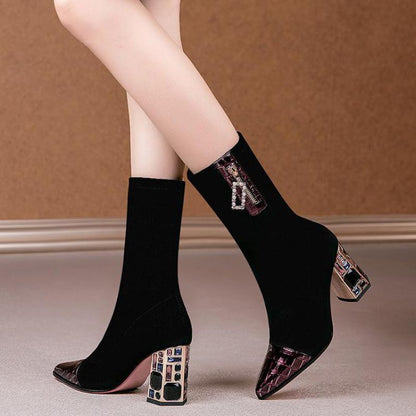 Women&#39;s Boots TGHDOF Fabric High Heel Autumn Sock Boots Women Fashion Zipper Pumps Pointed Toe Slip On - Executive-Skincare