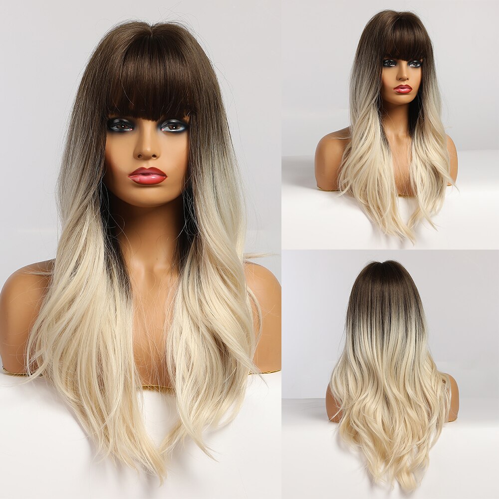 GEMMA Long Wavy Wigs with Bangs Black Brown Ombre Synthetic Heat Resistant Wigs For Women Girls Cosplay Party Daily False Hair - Executive-Skincare