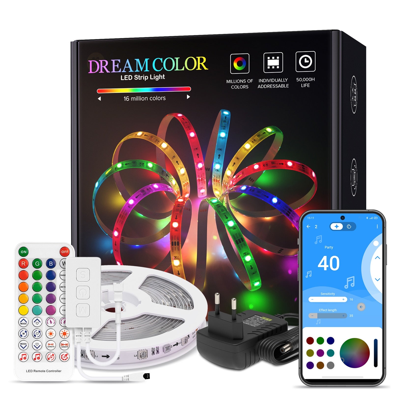 Dreamcolor LED Light Strip Bluetooth Music APP Control WS2811 WS2812B RGBIC Flexible Led Strip Room Bedroom Party Kitchen 5m-20m - Executive-Skincare