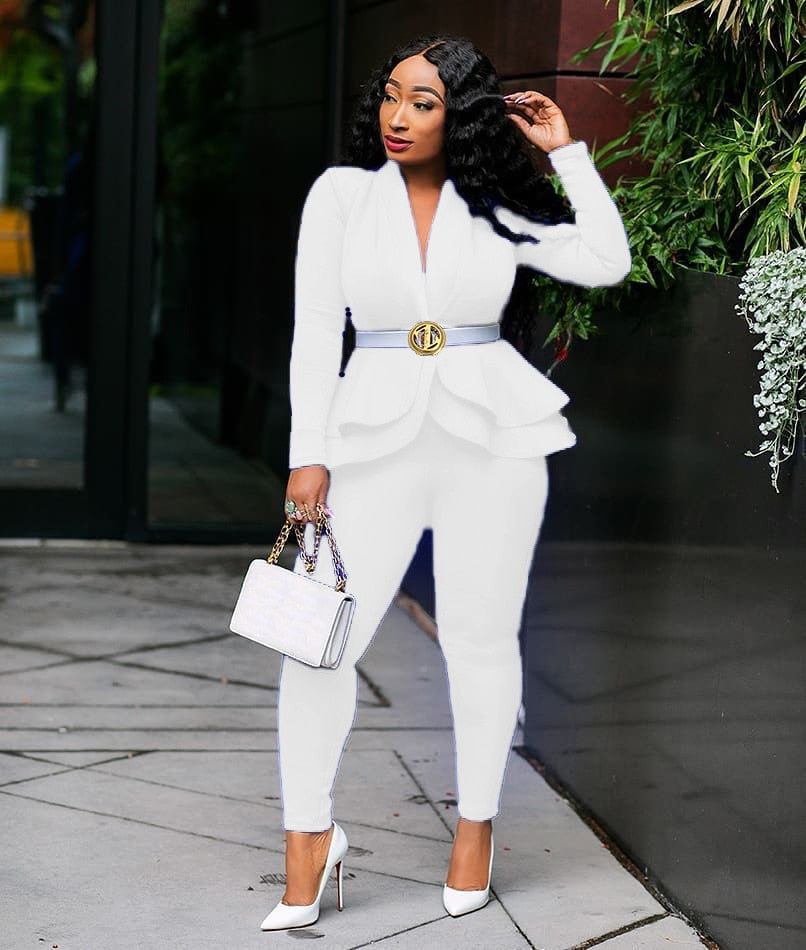 New Women Winter Women&#39;s Set Tracksuit Full Sleeve Ruffles Blazers Pencil Pants Suit Two Piece Set Office Lady Outfits Uniform - Executive-Skincare