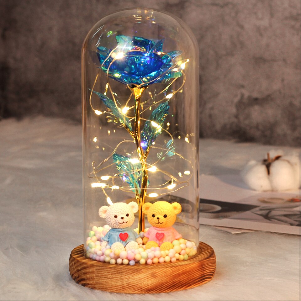 Beauty and Beast Rose Flower with Teddy Rose Bear In Glass Dome Home Wedding Decoration Birthday Valentine&#39;s Day Mother &#39;s Gift - Executive-Skincare