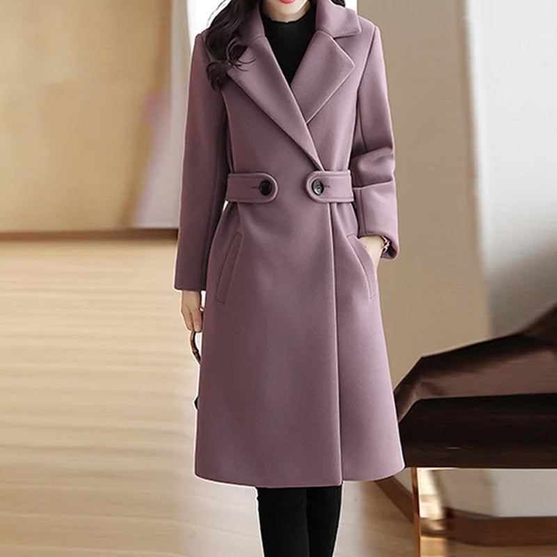 Autumn Winter New Women Warm Wool Coats with Belt Fashion Turn Down Collar Long Overcoat 2022 Female Solid Chic Outwear jackets - Executive-Skincare