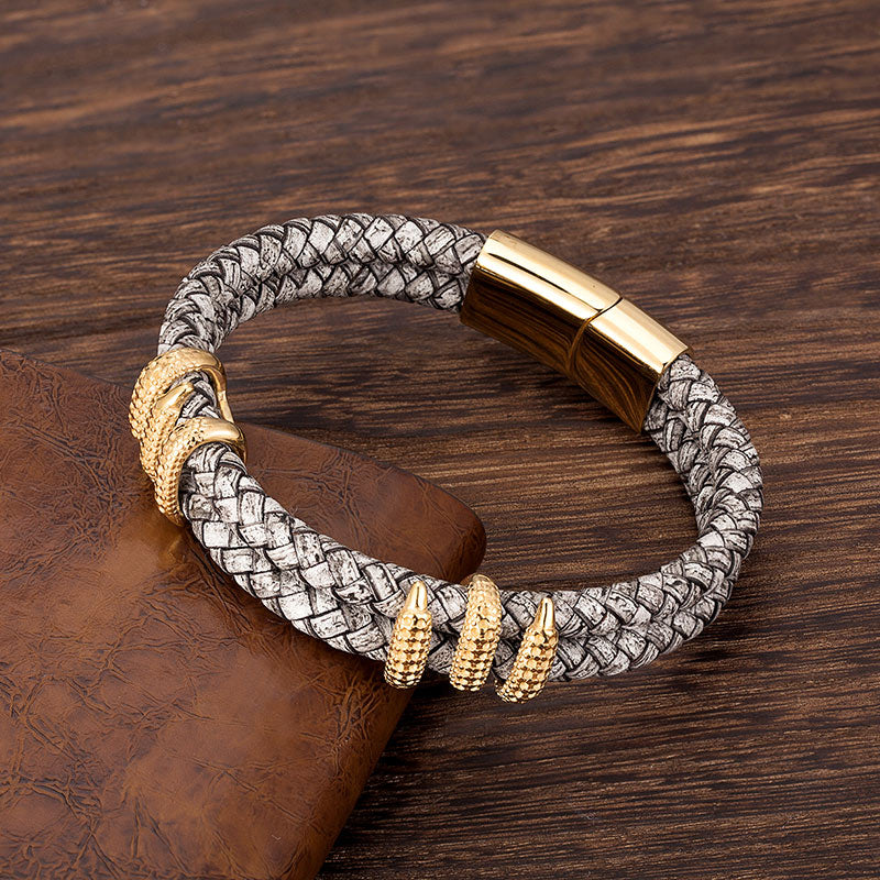 Fashion Men Bracelet Stainless Steel Handmade Rope  Bangles Gray Vintage Leather Gold Dragon Claw Punk Jewelry Gift Accessories - Executive-Skincare