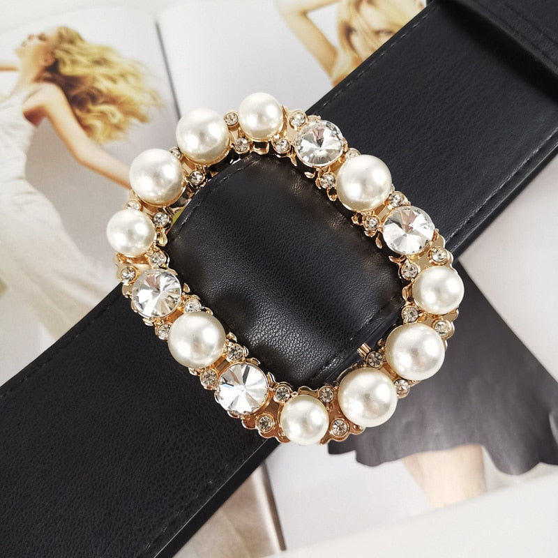 Luxury Crystal Pearl Gold Buckle Belts for Women HOT Wide Solid PU Leather Belt Black Dress Waistbands Lady Gifts No Pin Belt - Executive-Skincare