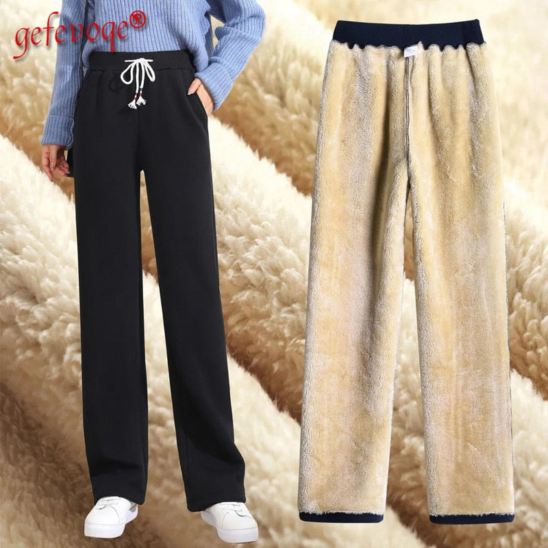 2021 Autumn Winter New Korean Fashion Plus Velvet Thickened Wide Leg Pants Women&#39;s High Waist Straight Warm Loose Trousers 3XL - Executive Quality Store