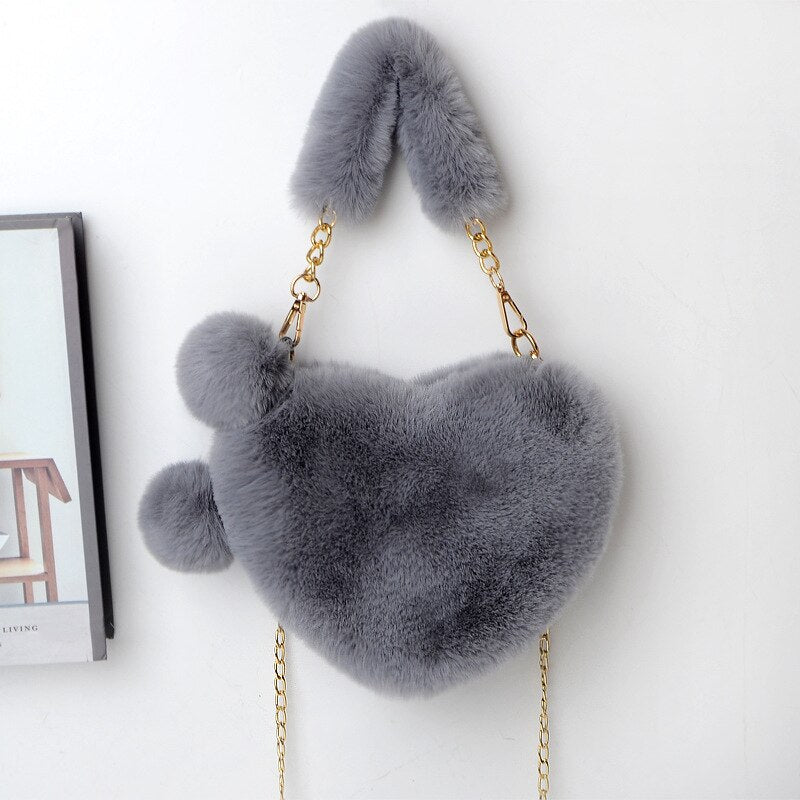 2021 Faux Fur Women Handbags Heart Shaped Shoulder Bag Female Clutch Purse Chain Messenger Bag Plush Shoulder Crossbody Bag - Executive-Skincare