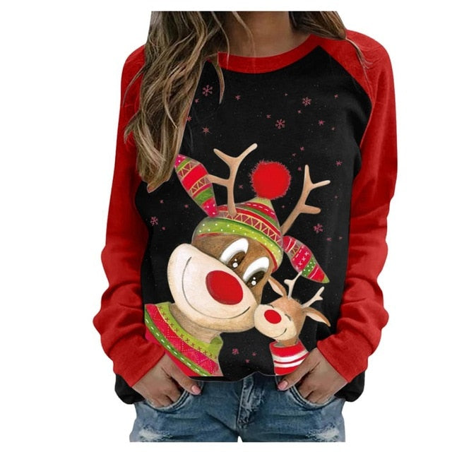 Funny Cute Elk Printing Long Sleeve Christmas Women T Shirt Harajuku S-2xl Cotton Woman Tshirts Graphic Aesthetic Shirt Female - Executive-Skincare