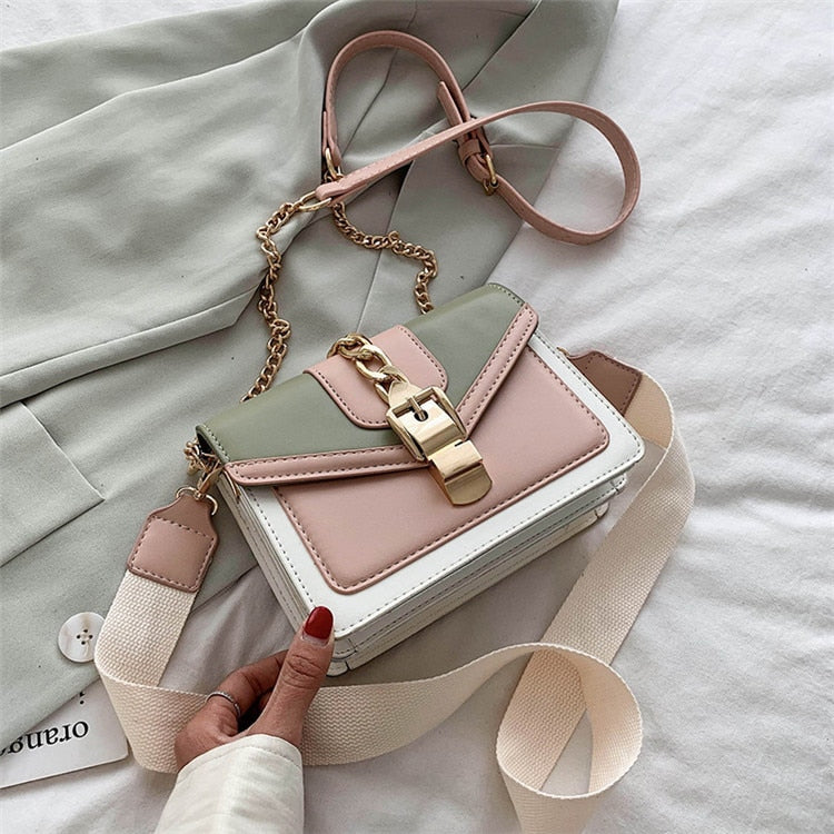 Fashion chain lady Sling bag Panelled color PU Leather Crossbody Bag For Women 2022 new Wide strap Shoulder Messenger Bag Ladies - Executive-Skincare