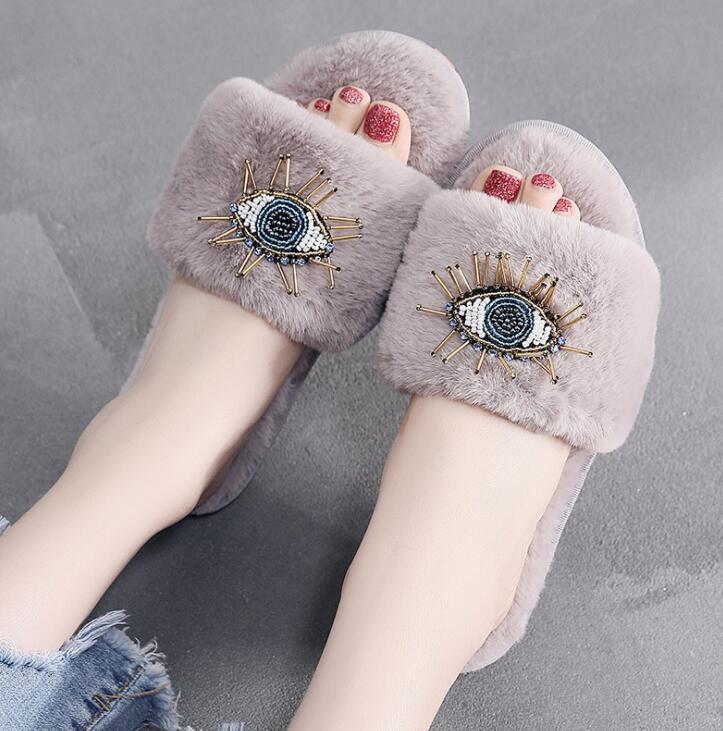 Big Eyes Decoration Fur Slippers Women Flats Winter Home Cotton Slippers Femme Rhinestone Eye Plush Flip Flops Women Shoes s655 - Executive-Skincare