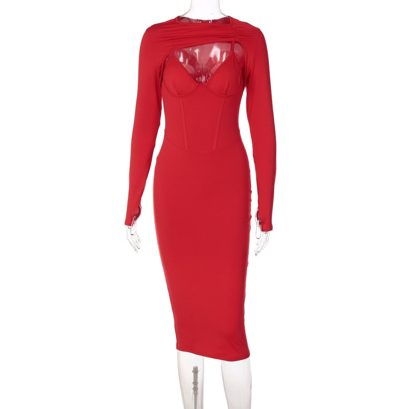 Hawthaw Hollow Out Corset Women Fashion Autumn Winter Long Sleeve Bodycon Party Club Red Pencil Sexy Midi Dress 2021 Clothes - Executive-Skincare