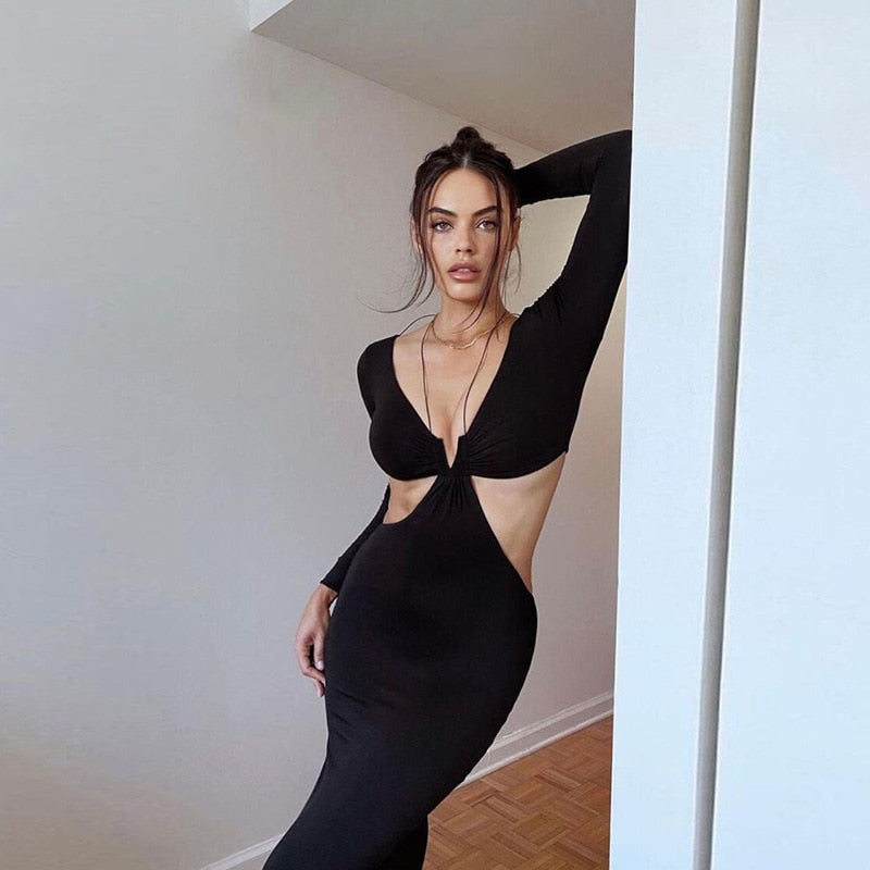 Cryptographic Autumn Long Sleeve Halter Sexy Cut Out Black Maxi Dresses Slim Fashion Outfits Split Long Dresses Skinny Clothes - Executive-Skincare