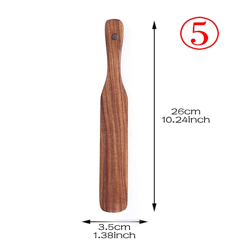 7pcs/set Teak Natural Wood Tableware Spoon Ladle Turner Rice Colander Soup Skimmer Cooking Spoon Scoop Kitchen Reusable Tool Kit - Executive-Skincare