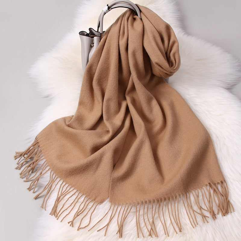 Winter 100% Pure Wool Scarf Neck Warmer Women Echarpe Wrap with Tassel Pashmina Foulard Femme Merino Cashmere Scarves for Ladies - Executive-Skincare