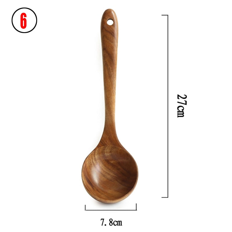 7pcs/set Teak Natural Wood Tableware Spoon Ladle Turner Rice Colander Soup Skimmer Cooking Spoon Scoop Kitchen Reusable Tool Kit - Executive-Skincare