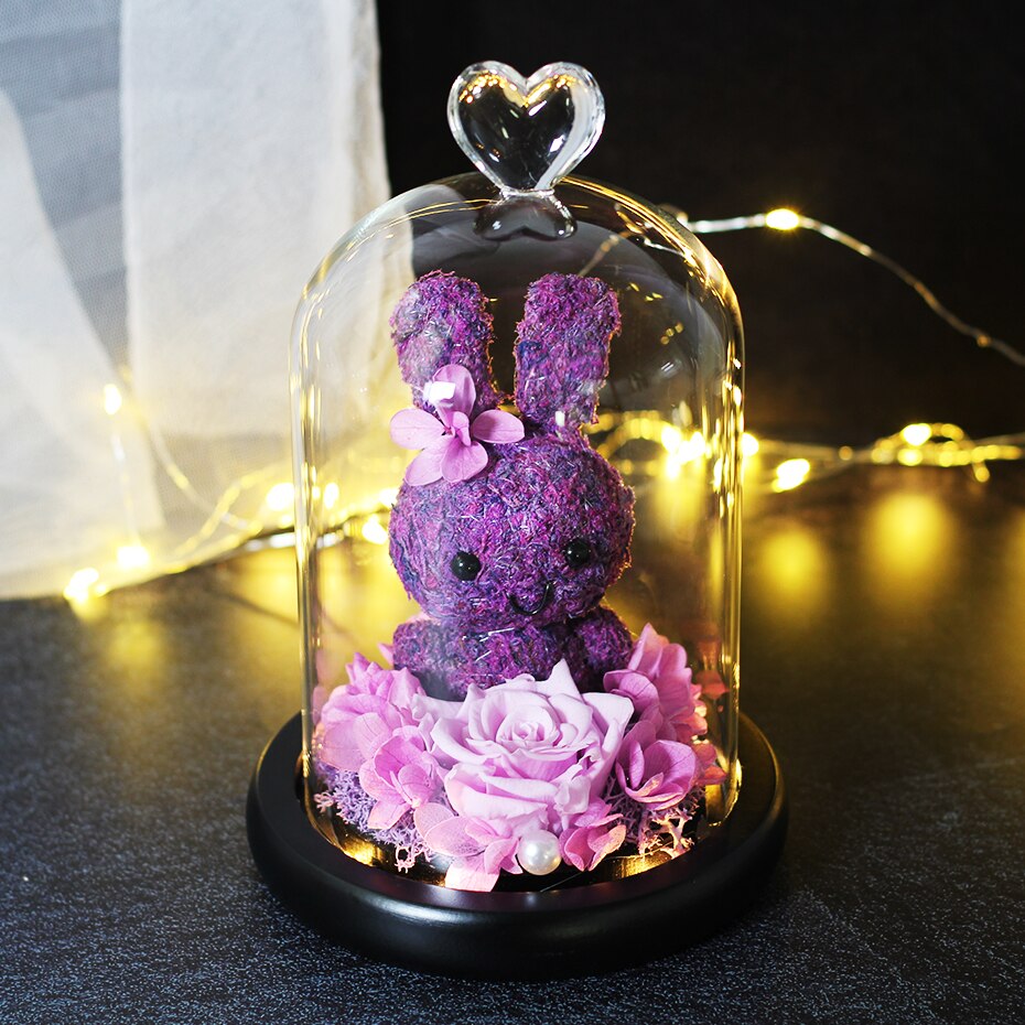 The Beautiful and the Beast Teddy Bear Rose Decor Natural Dried Flowers In Glass Dome LED Mother&#39;s Valentine&#39;s Day Wedding Gift - Executive-Skincare