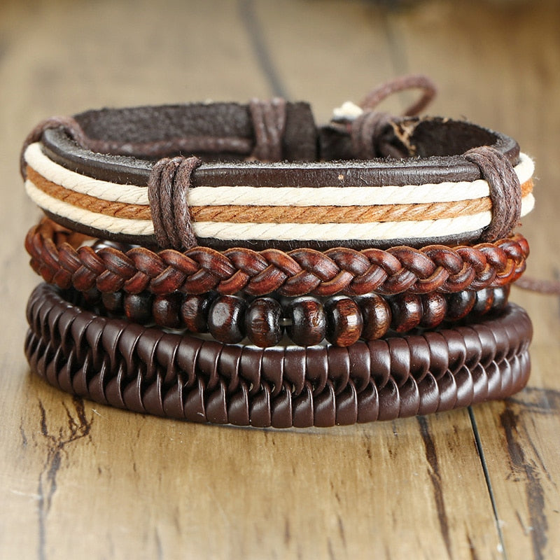 Vnox 4Pcs/ Set Braided Wrap Leather Bracelets for Men Vintage Life Tree Rudder Charm Wood Beads Ethnic Tribal Wristbands - Executive-Skincare