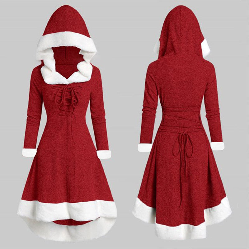 Women&#39;s Christmas Hood Lace Up Midi Dress Pullover with Irregular Hem and Long Sleeves XIN-Shipping - Executive-Skincare