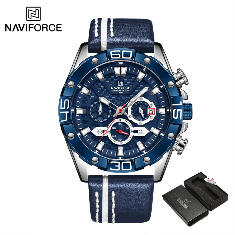 Top Luxury NAVIFORCE Watches for Men Fashion Sport Chronograph Quartz Wrist Watches Male Military Leather Strap Waterproof Clock - Executive-Skincare