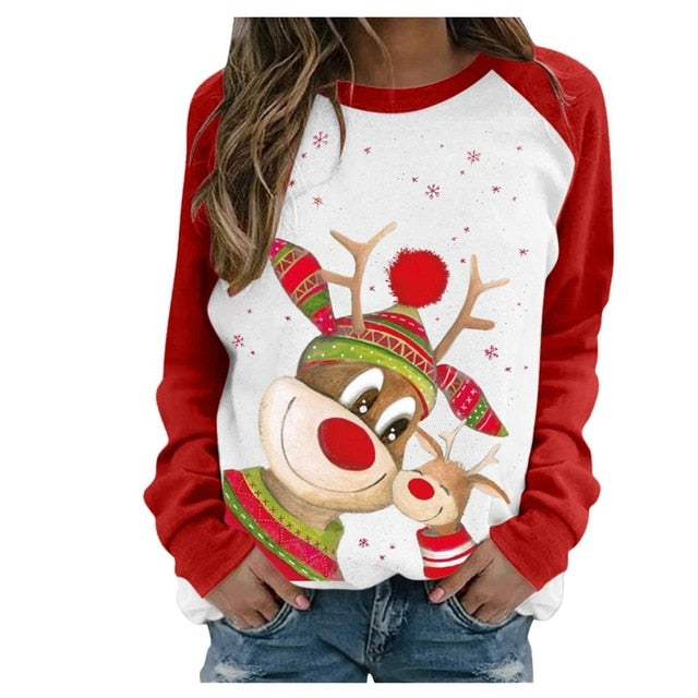 Funny Cute Elk Printing Long Sleeve Christmas Women T Shirt Harajuku S-2xl Cotton Woman Tshirts Graphic Aesthetic Shirt Female - Executive-Skincare