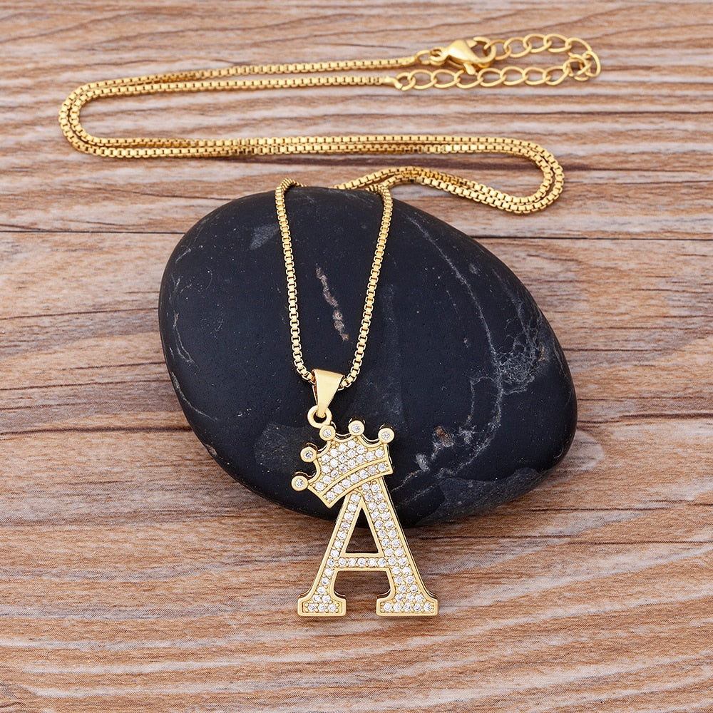 Nidin New Luxury Copper Zircon A-Z Crown Alphabet Pendant Chain Necklace Hip-Hop Style Fashion Woman Man Initial Name Jewelry - Executive-Skincare