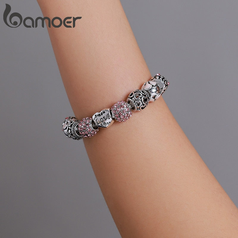 BAMOER Silver Plated Charm Bracelet &amp; Bangle with Love and Flower Beads Women Wedding Jewelry 4 Colors 18CM 20CM 21CM PA1455 - Executive-Skincare