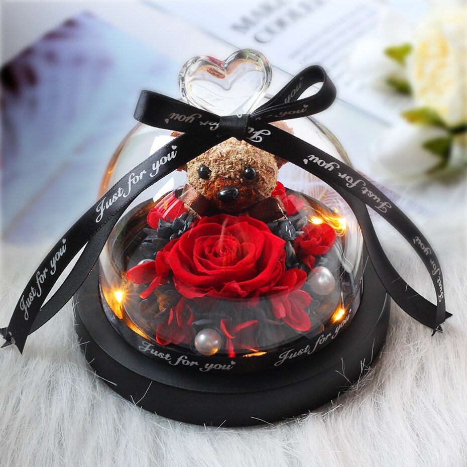 The Beautiful and the Beast Teddy Bear Rose Decor Natural Dried Flowers In Glass Dome LED Mother&#39;s Valentine&#39;s Day Wedding Gift - Executive-Skincare