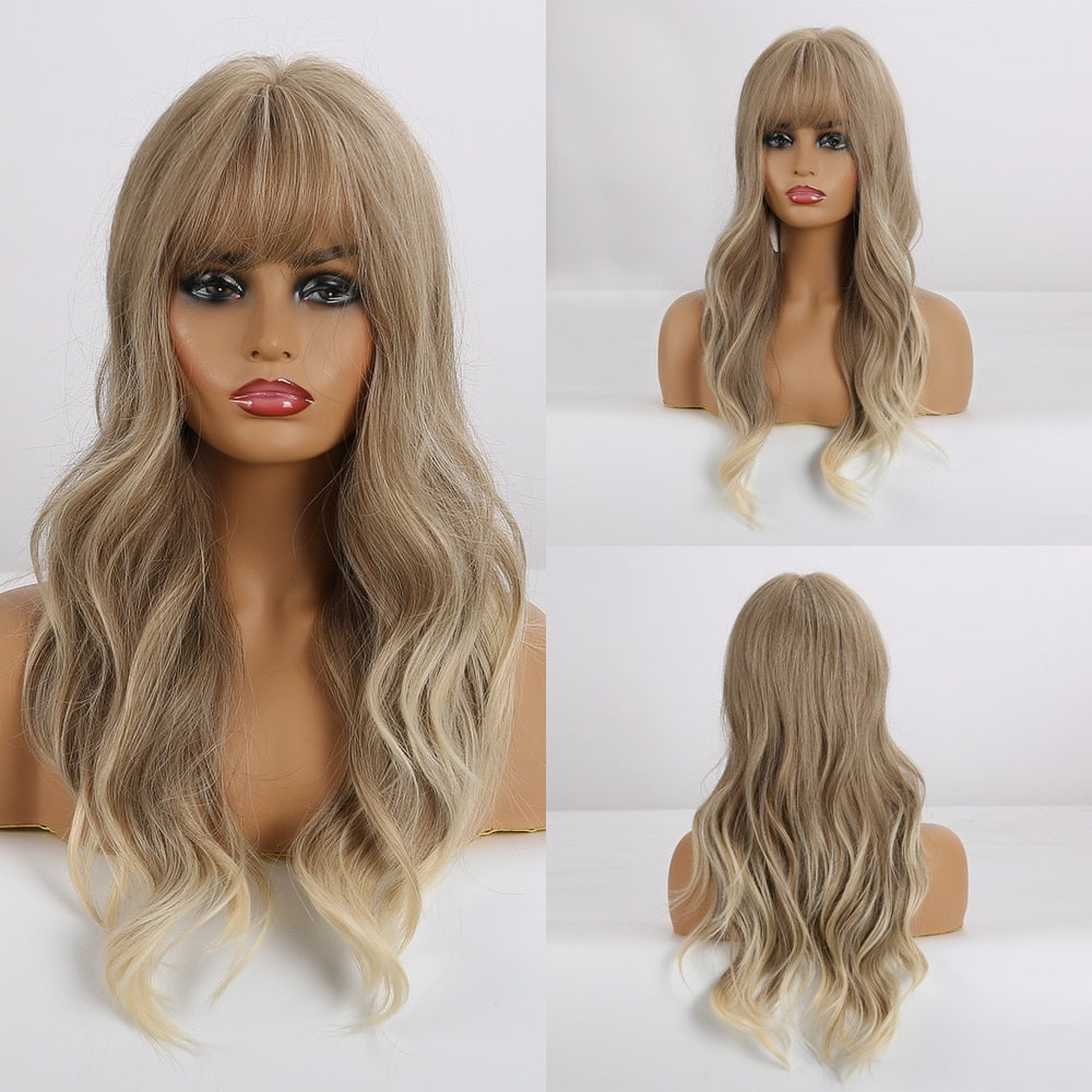 GEMMA Long Wavy Wigs with Bangs Black Brown Ombre Synthetic Heat Resistant Wigs For Women Girls Cosplay Party Daily False Hair - Executive-Skincare