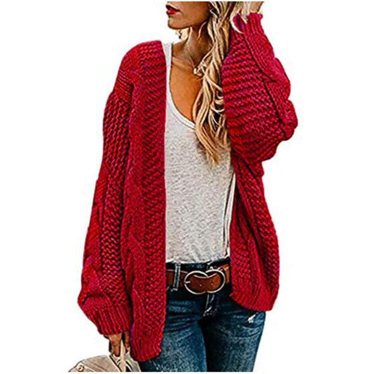 2021 spring and autumn new thick needle twist knit cardigan women&#39;s mid-length solid color casual loose coat cardigan - Executive-Skincare