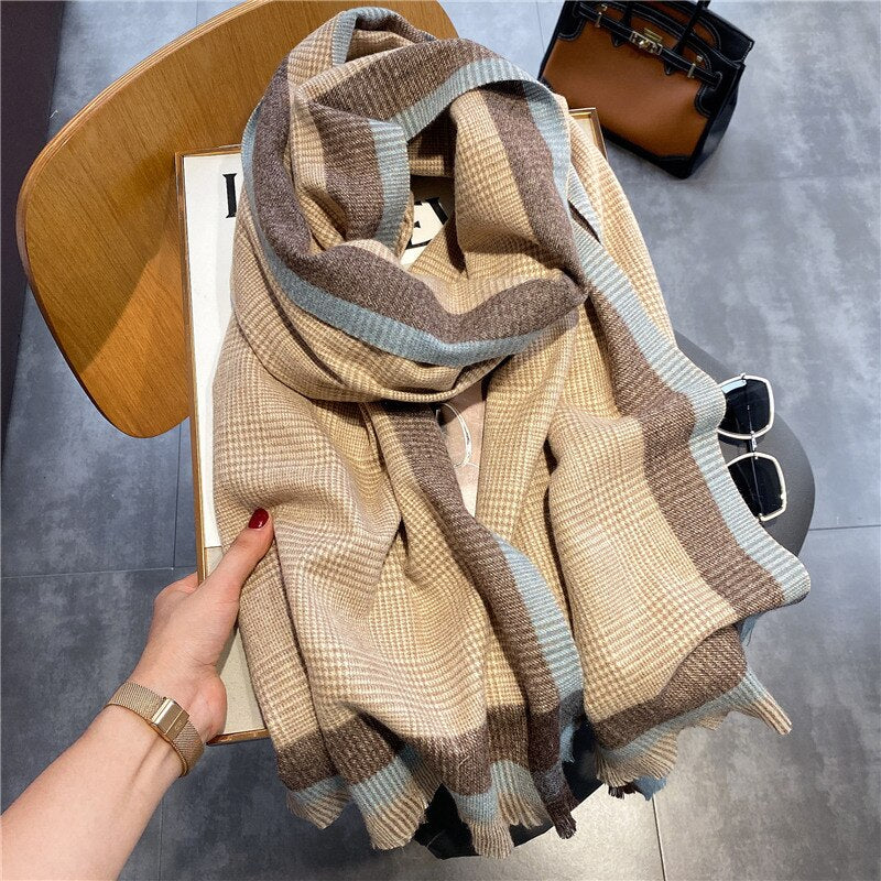 Luxury Brand Winter Plaid Women&#39;s Cashmere Scarf Warm Shawls and Wraps Thicked Wool Pashmina Female Blanket Scarves - Executive-Skincare