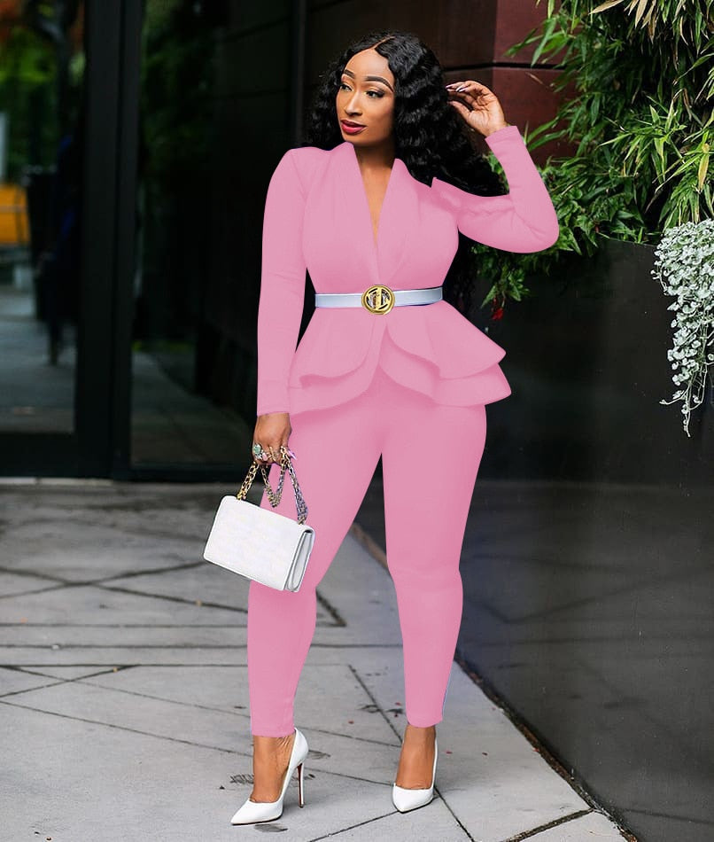 New Women Winter Women&#39;s Set Tracksuit Full Sleeve Ruffles Blazers Pencil Pants Suit Two Piece Set Office Lady Outfits Uniform - Executive-Skincare