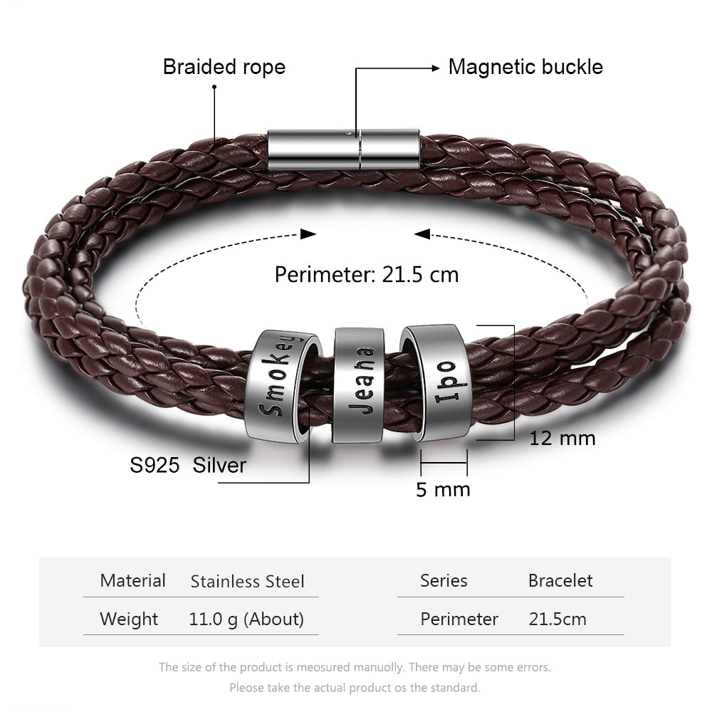 Customized 2-5 Names Beads Bracelets for Men Personalized Brown Braided Rope Leather Bracelet Male Jewelry Gift for Grandfather - Executive-Skincare