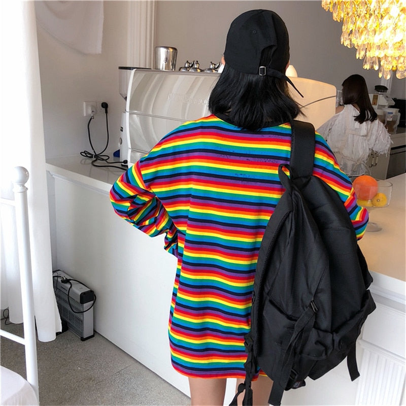 Rainbow Stripe T Shirt Hoodies Harajuku Female T-Shirt Long Sleeve T-shirts Pullovers Tops For Women Female Sweatshirt - Executive-Skincare