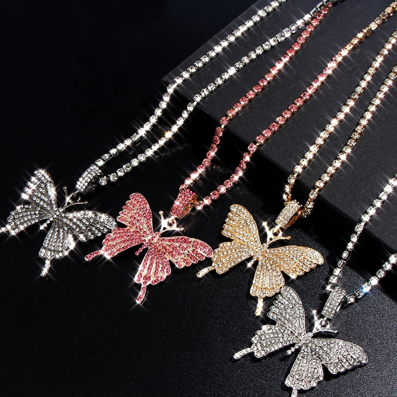 Statement Big Butterfly Pendant Necklace Rhinestone Chain for Women Bling Tennis Chain Crystal Choker Necklace Party Jewelry - Executive-Skincare