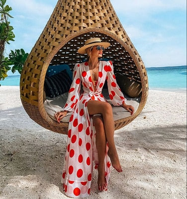 Leaves Print Bikini Beach Cover up Tunics for Beach Long Kaftan Bikini Cover up Robe de Plage Sarong Beach Swimsuit cover-ups - Executive-Skincare