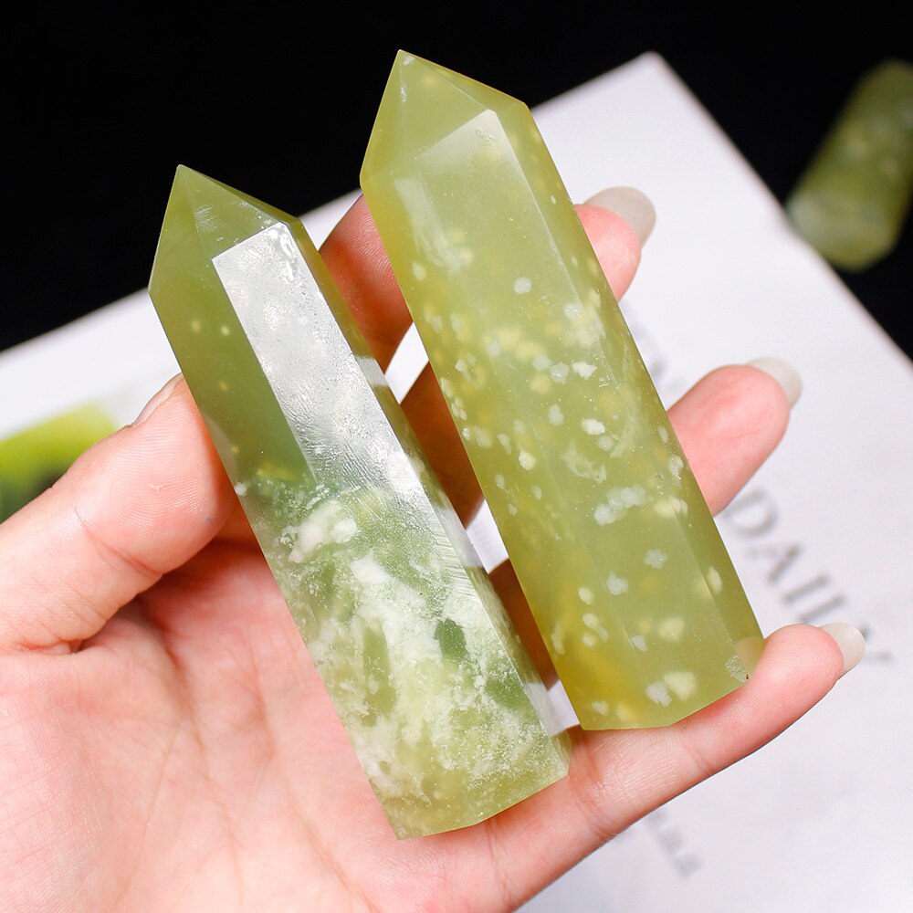 1pc 100% Natural Crystal Point Green jade Healing Obelisk reseda Quartz Wand green Ornament for Home Decor Reiki Energy Stone - Executive-Skincare