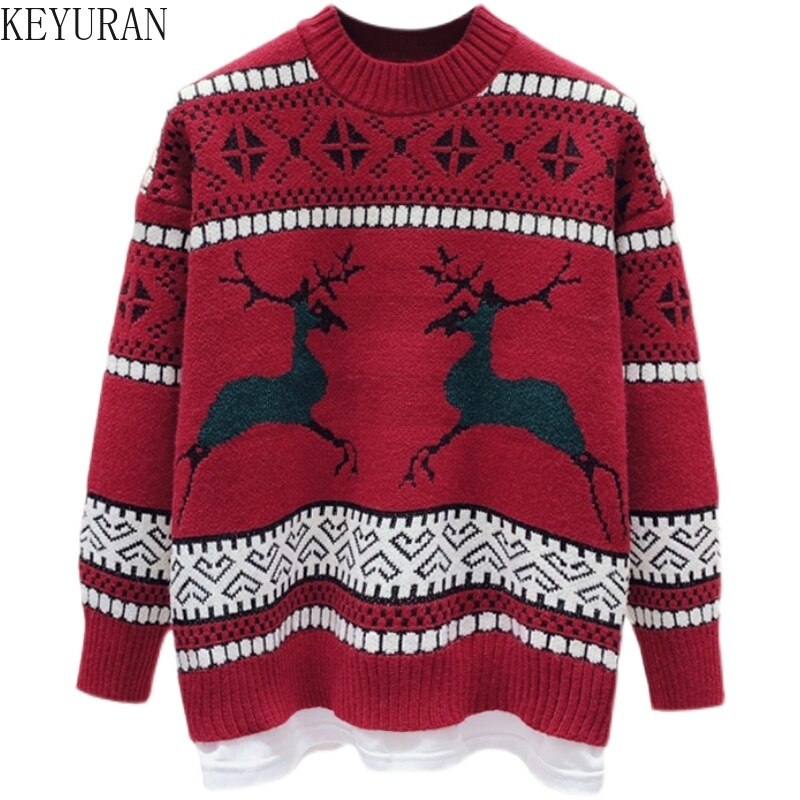 Vintage Jacquard Christmas Sweater Women Pullover Autumn O Neck Long Sleeve Loose Reindeer Print Knitted Jumpers Female Tops - Executive-Skincare