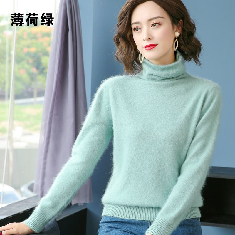 Autumn Winter Women Turtleneck Pullover 100% Pure Mink Cashmere Sweaters Knitted Soft Warm Girl Clothes S-2XL 13 Colors Jumpers - Executive-Skincare