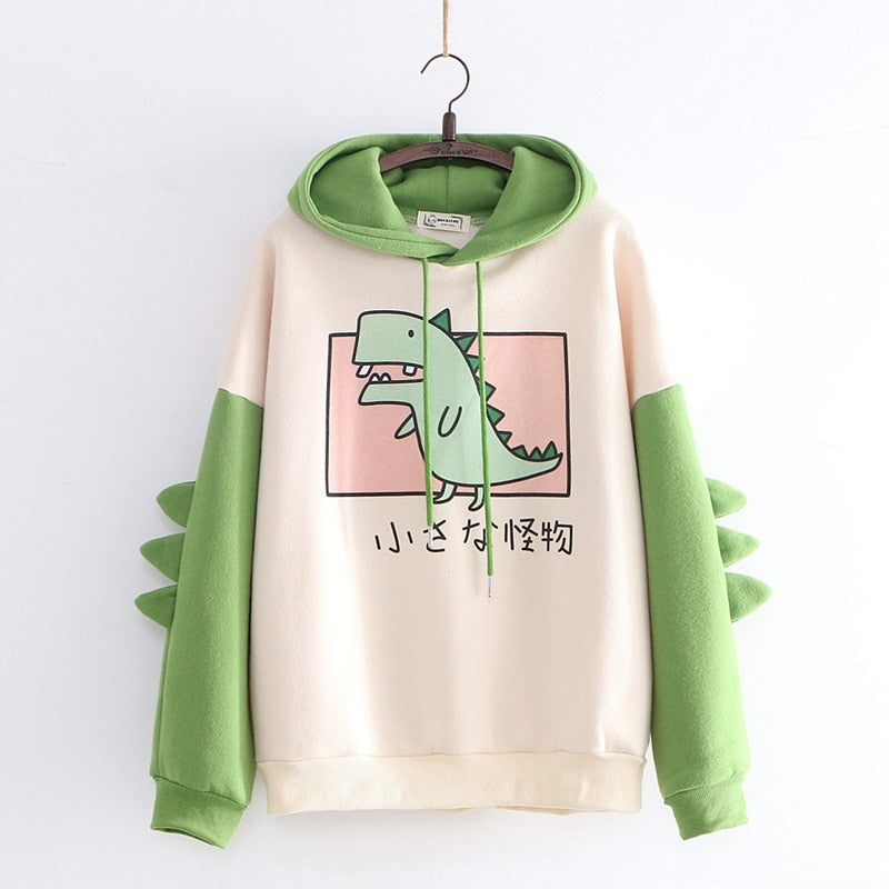 Winter dino hoodie Tops Dinosaur Oversized Cartoon Hoodie Women Fashion Sweatshirt Casual Print Korean Style Thicken Sweatshirt - Executive-Skincare