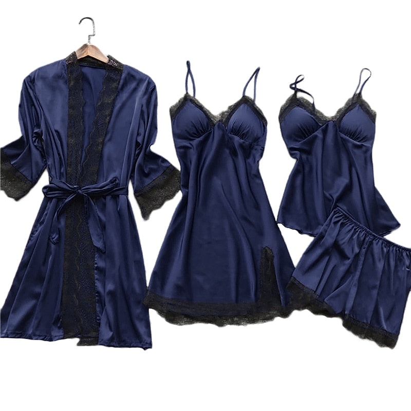 5pcs Silk Robe Set Women Lace Pajamas Gown Set V-Neck Nighties Wear Home Nightwear Pijama Sleepsuit Spring Nightdress