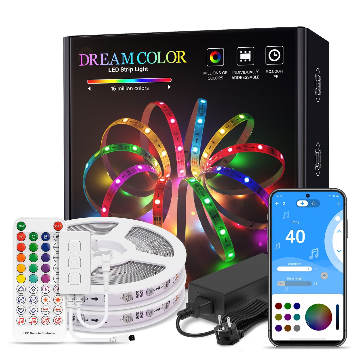 Dreamcolor LED Light Strip Bluetooth Music APP Control WS2811 WS2812B RGBIC Flexible Led Strip Room Bedroom Party Kitchen 5m-20m - Executive-Skincare