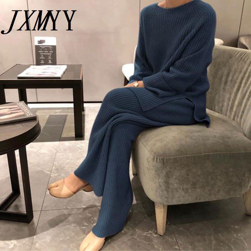 JXMYY 2022 New Fashion Winter Women&#39;s Thicken Warm Knitted Pullover Sweater Two-Piece Suits +High Waist Loose Wide Leg Pants Set - Executive-Skincare