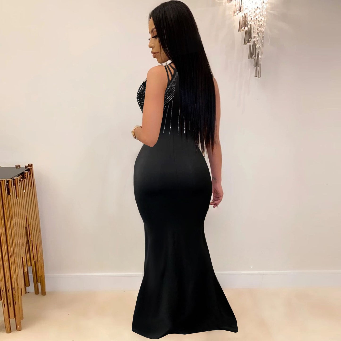 ANJAMANOR Elegant Sexy Evening Dresses for Women Party Classy Night Club Sparkle Rhinestone Black Bodycon Maxi Dress D35-DI30 - Executive-Skincare